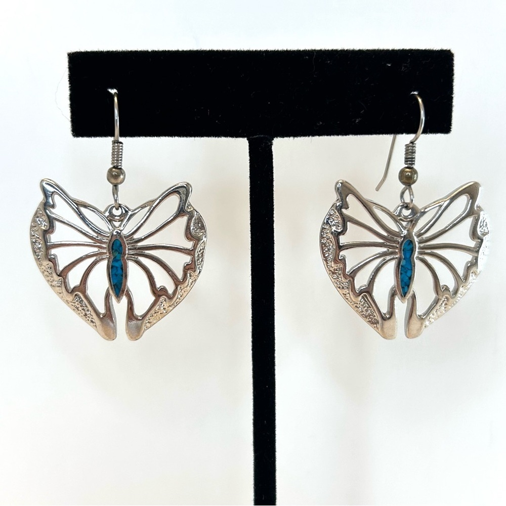 Silver Tone Cut Out Butterfly Dangle Earrings - Picture 14 of 14